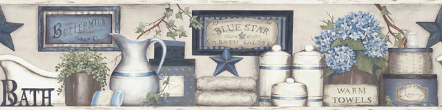 Country Bath Blue Rustic Wallpaper Border with Country Nature Novelty Motif - Chesapeake 3119-63104B