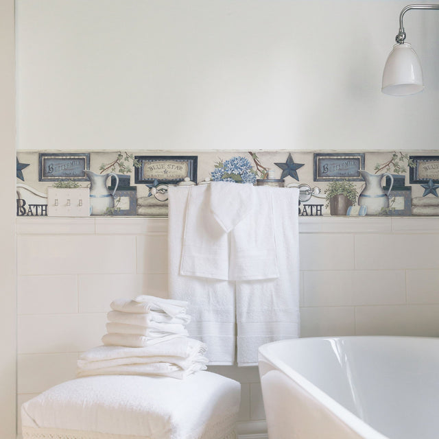 Country Bath Blue Rustic Wallpaper Border with Country Nature Novelty Motif - Chesapeake 3119-63104B