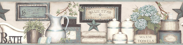 Country Bath Aqua Rustic Border Wallpaper with Country Novelty Motif - Chesapeake 3119-63105B
