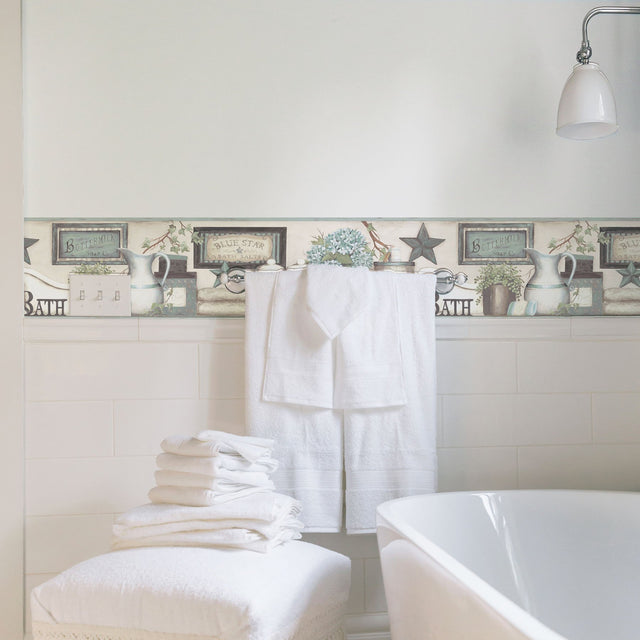 Country Bath Aqua Rustic Border Wallpaper with Country Novelty Motif - Chesapeake 3119-63105B