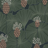 Umbrella Leaves wallpaper in navy by Boråstapeter for Schumacher, featuring fanlike leaves and pineapple-inspired ovals in a lush, symmetrical pattern.
