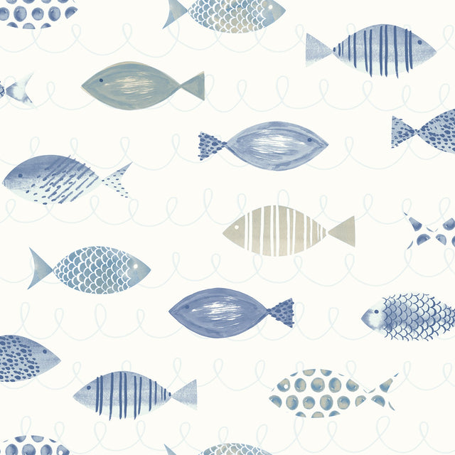 Key West Blue Sea Fish Wallpaper with Coastal Fish Motif - Chesapeake 3120-12043