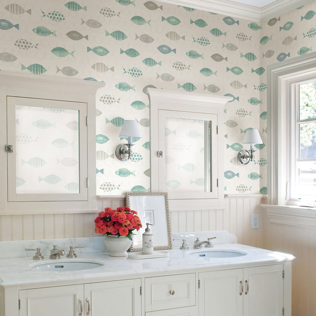 Key West Teal Sea Fish Wallpaper with Coastal Fish Motif - Chesapeake 3120-12044