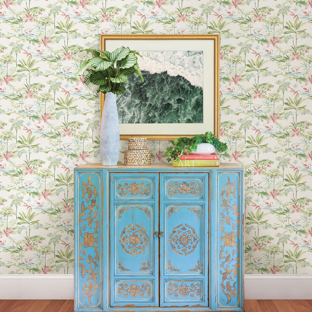 Lagoon Green Scenic Island Wallpaper with Flamingos and Palms - Chesapeake 3120-12071