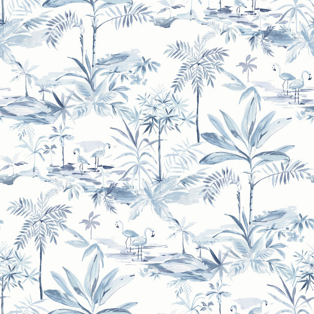 Lagoon Blue Scenic Island Wallpaper with Coastal Watercolor Flamingo Motif - Chesapeake 3120-12074
