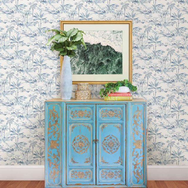 Lagoon Blue Scenic Island Wallpaper with Coastal Watercolor Flamingo Motif - Chesapeake 3120-12074
