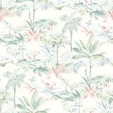 Lagoon Teal Scenic Island Wallpaper with Coastal Novelty Flamingo Pattern - Chesapeake 3120-12075