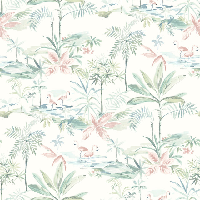 Lagoon Teal Scenic Island Wallpaper with Coastal Novelty Flamingo Pattern - Chesapeake 3120-12075