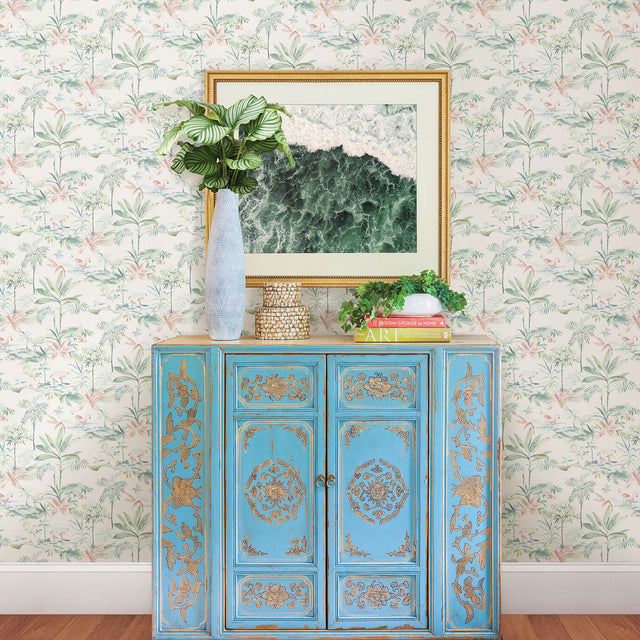 Lagoon Teal Scenic Island Wallpaper with Coastal Novelty Flamingo Pattern - Chesapeake 3120-12075
