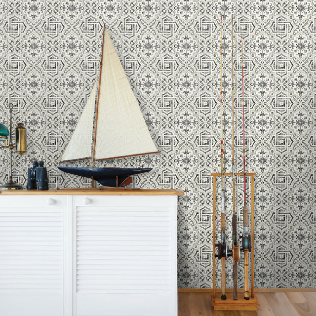 Sonoma Black Beach Tile Wallpaper with Modern Abstract Tile Motif - Chesapeake 3120-12331