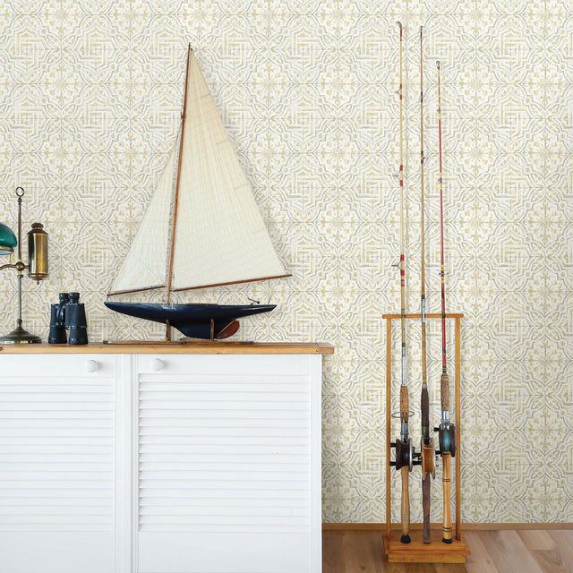 Sonoma Yellow Beach Tile Wallpaper with Abstract Tile Motif - Chesapeake 3120-12337
