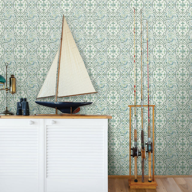 Sonoma Green Beach Tile Wallpaper with Eclectic Abstract Tile Motif - Chesapeake 3120-12338