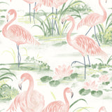 Everglades Coral Flamingos Wallpaper with Whimsical Coastal Flamingo Pattern - Chesapeake 3120-13601