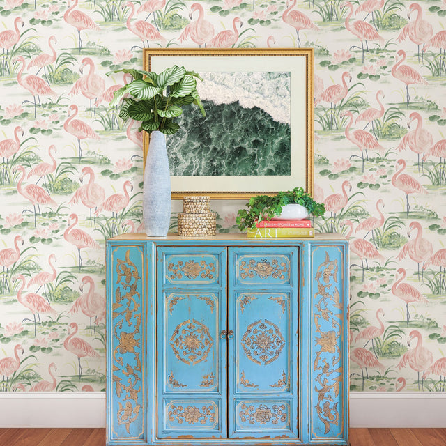 Everglades Coral Flamingos Wallpaper with Whimsical Coastal Flamingo Pattern - Chesapeake 3120-13601