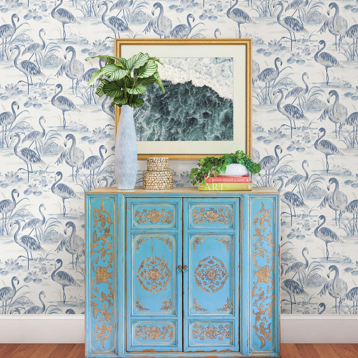 Everglades Blue Flamingos Wallpaper with Watercolor Flamingo Motif - Chesapeake 3120-13602