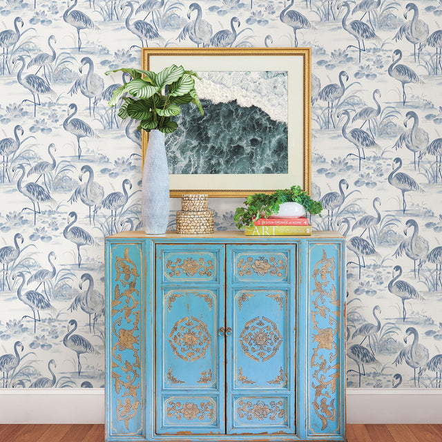 Everglades Blue Flamingos Wallpaper with Watercolor Flamingo Motif - Chesapeake 3120-13602