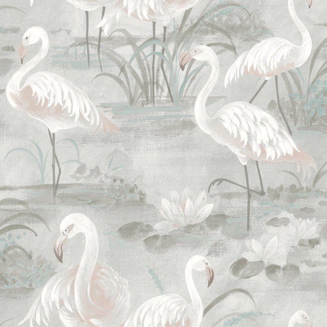 Everglades Grey Flamingos Wallpaper with Whimsical Coastal Flamingo Pattern - Chesapeake 3120-13603