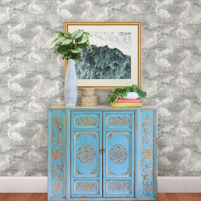 Everglades Grey Flamingos Wallpaper with Whimsical Coastal Flamingo Pattern - Chesapeake 3120-13603