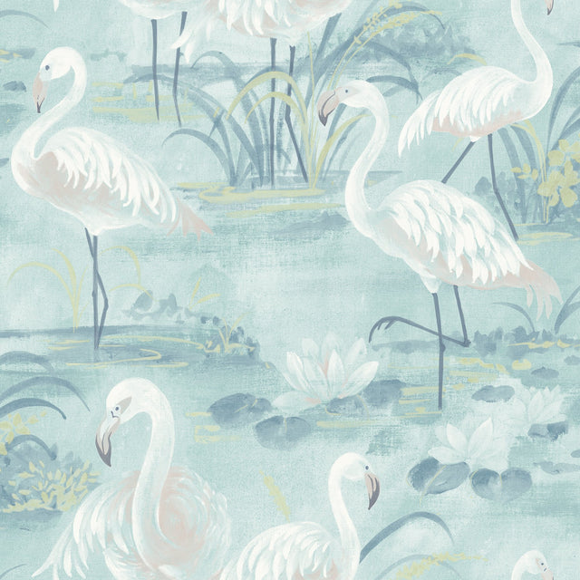 Everglades Aqua Flamingos Wallpaper with Whimsical Beach Flamingo Pattern - Chesapeake 3120-13604