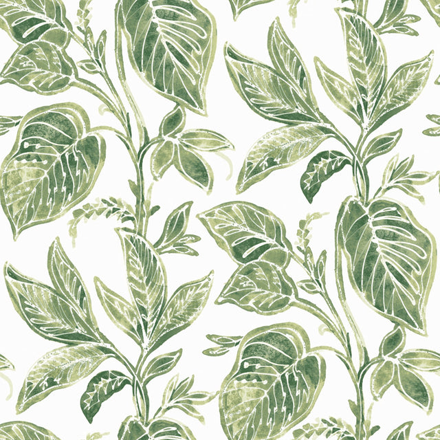 Mangrove Green Botanical Wallpaper with Hand-Painted Leaf Motif - Chesapeake 3120-13621