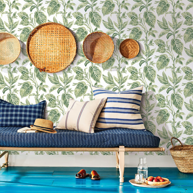 Mangrove Green Botanical Wallpaper with Hand-Painted Leaf Motif - Chesapeake 3120-13621