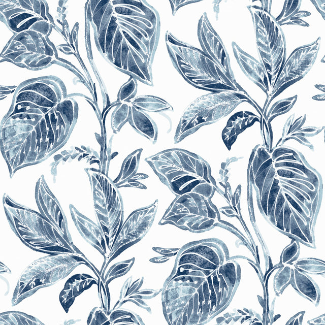 Mangrove Blue Botanical Wallpaper with Watercolor Leaf Motif - Chesapeake 3120-13625