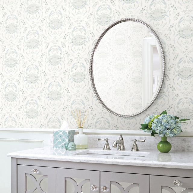 Annapolis Teal Crustation Coastal Damask Prepasted Wallpaper - Chesapeake 3120-13642