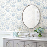 Annapolis Light Blue Crustacean Wallpaper with Coastal Damask Motif - Brewster 3120-13644
