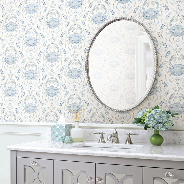 Annapolis Light Blue Crustacean Wallpaper with Coastal Damask Motif - Brewster 3120-13644