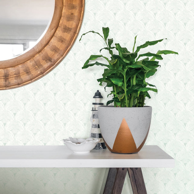 Santiago Teal Scalloped Textured Wallpaper with Abstract Geometric Motif - Chesapeake 3120-13652