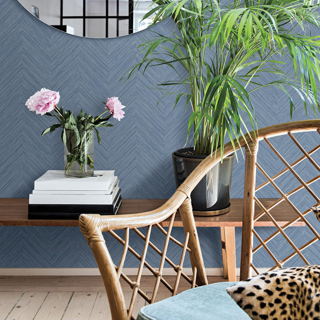 Caladesi Blue Faux Linen Wallpaper with Modern Geometric Chevron Texture - Chesapeake 3120-13678