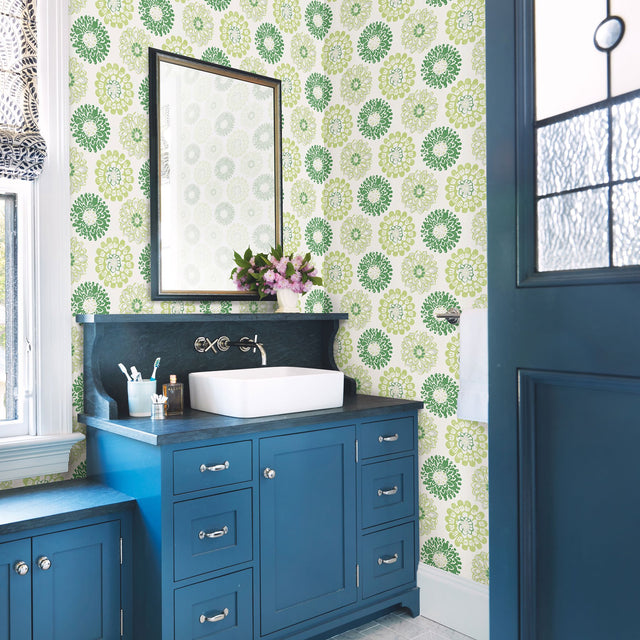 Sunkissed Green Floral Wallpaper with Modern Abstract Flower Motif - Chesapeake 3120-13702