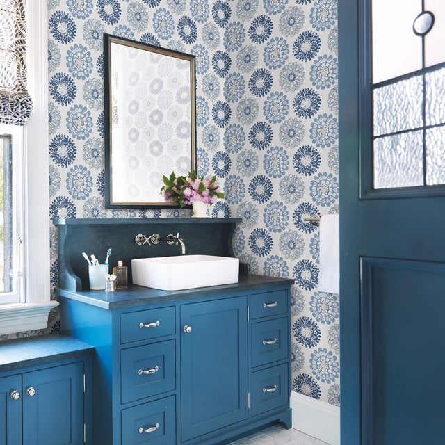 Sunkissed Blue Floral Wallpaper with Modern Abstract Flower Motif - Chesapeake 3120-13705