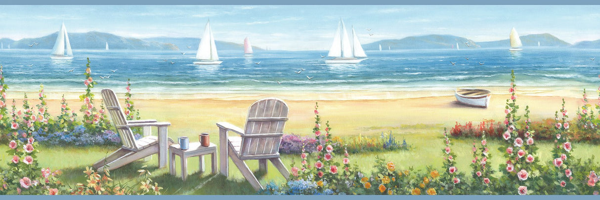 Barnstable Blue Seaside Portrait Coastal Novelty Wallpaper Border - Chesapeake 3120-20021B