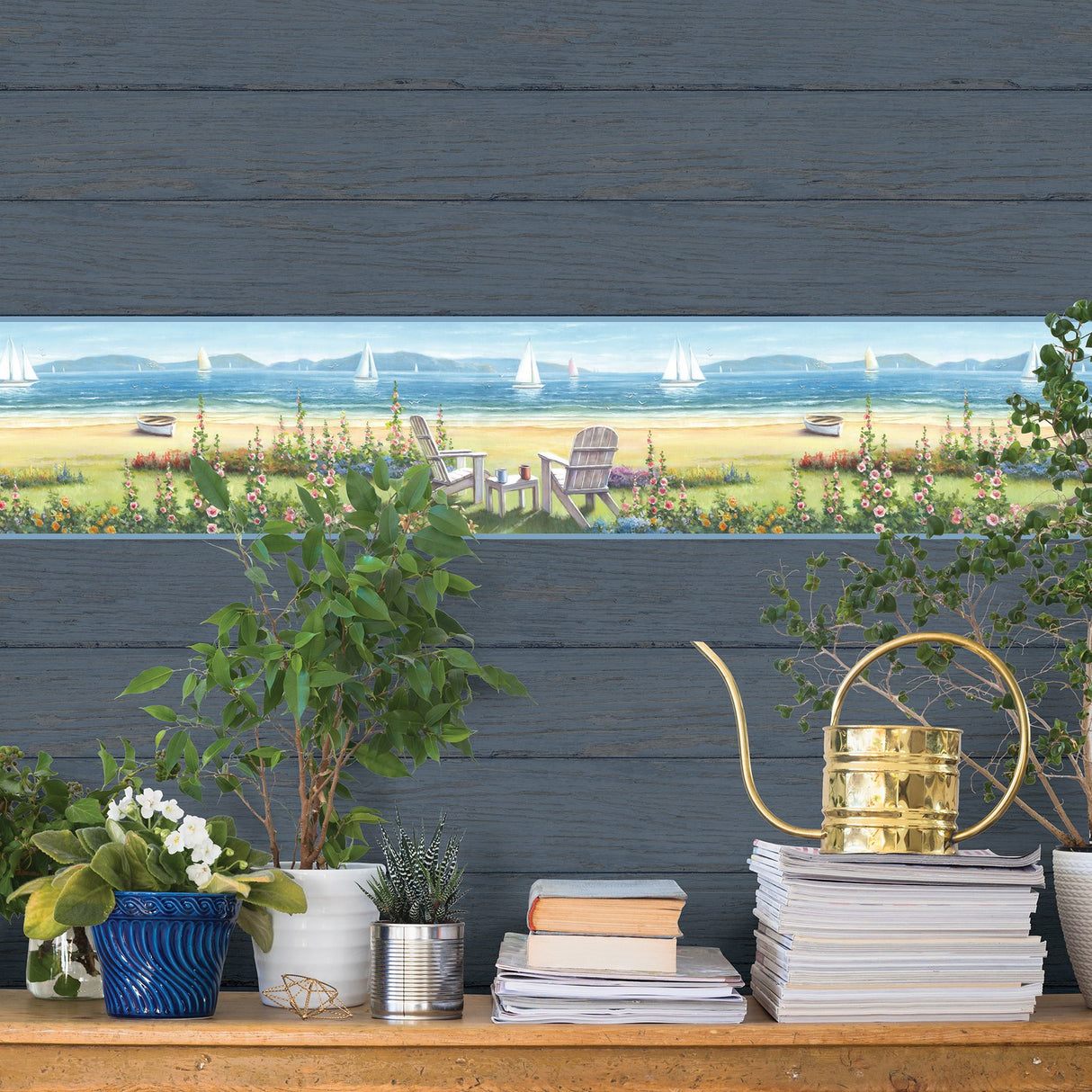 Barnstable Blue Seaside Portrait Coastal Novelty Wallpaper Border - Chesapeake 3120-20021B