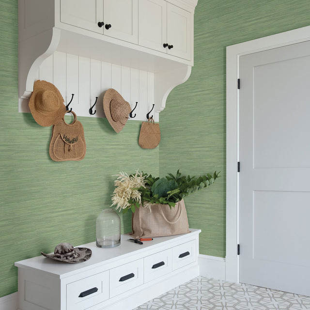 Waverly Green Faux Grasscloth Wallpaper with Traditional Abstract Pattern - Chesapeake 3120-256017