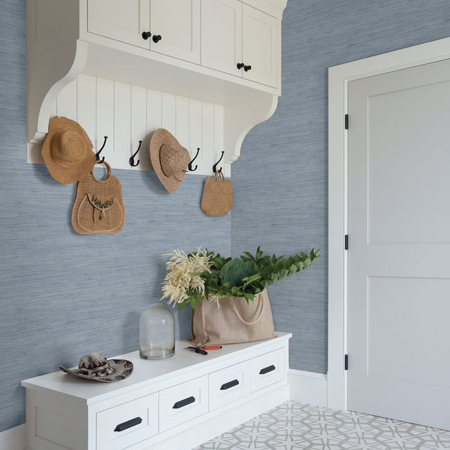Waverly Blue Faux Grasscloth Wallpaper with Traditional Abstract Pattern - Chesapeake 3120-256020