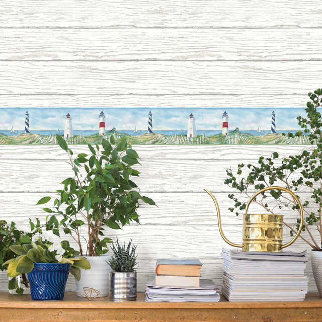 Eugene Blue Lighthouse Border Wallpaper with Coastal Beach Novelty Motif - 3120-46071B