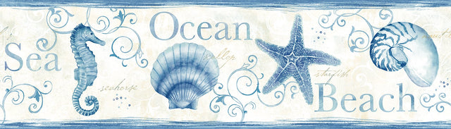 Island Bay Blue Starfish Coastal Graphics Wallpaper Border - Brewster 3120-53561B