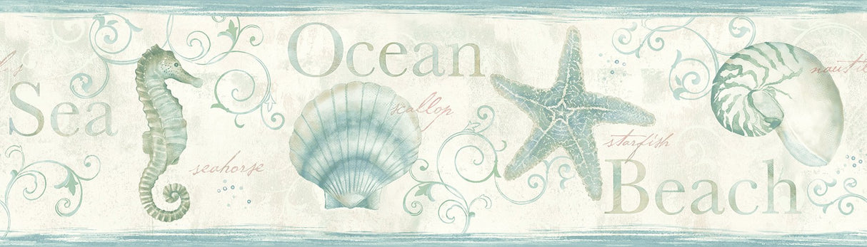 Island Sea Green Starfish Wallpaper Border with Coastal Seashell and Starfish Motif - Chesapeake 3120-53562B