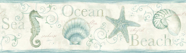 Island Sea Green Starfish Wallpaper Border with Coastal Seashell and Starfish Motif - Chesapeake 3120-53562B