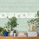 Island Sea Green Starfish Wallpaper Border with Coastal Seashell and Starfish Motif - Chesapeake 3120-53562B