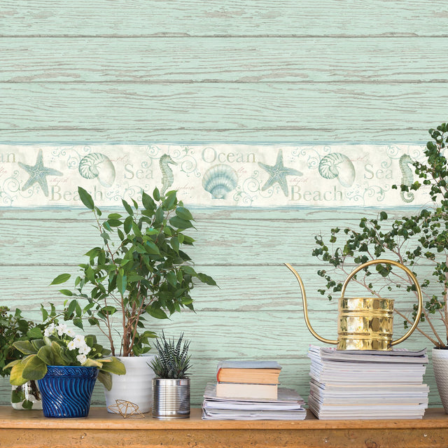 Island Sea Green Starfish Wallpaper Border with Coastal Seashell and Starfish Motif - Chesapeake 3120-53562B