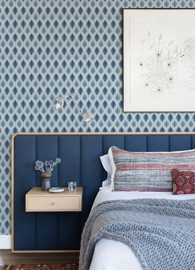 Mombi Navy Diamond Shibori Wallpaper with Geometric Shibori Ogee Pattern - Chesapeake 3122-10302