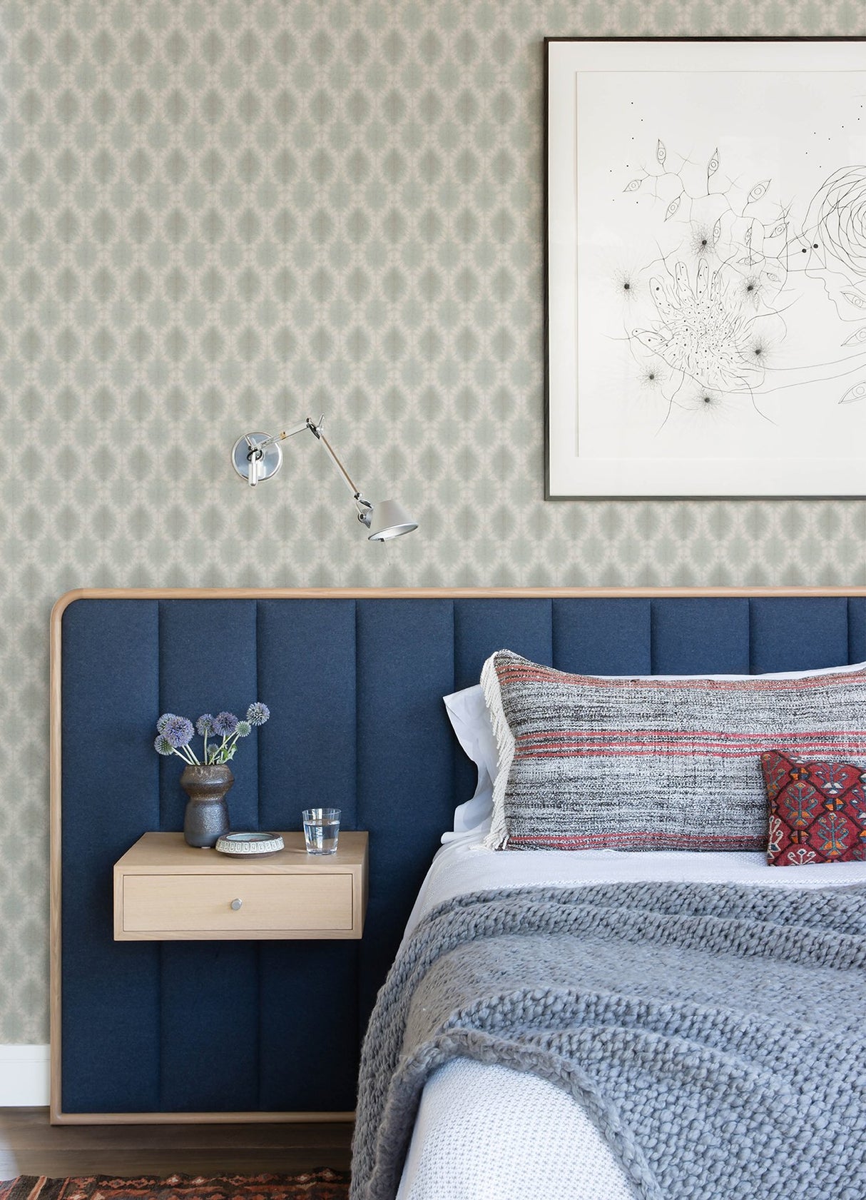 Mombi Teal Diamond Shibori Wallpaper with Geometric Shibori Ogee - Chesapeake 3122-10304