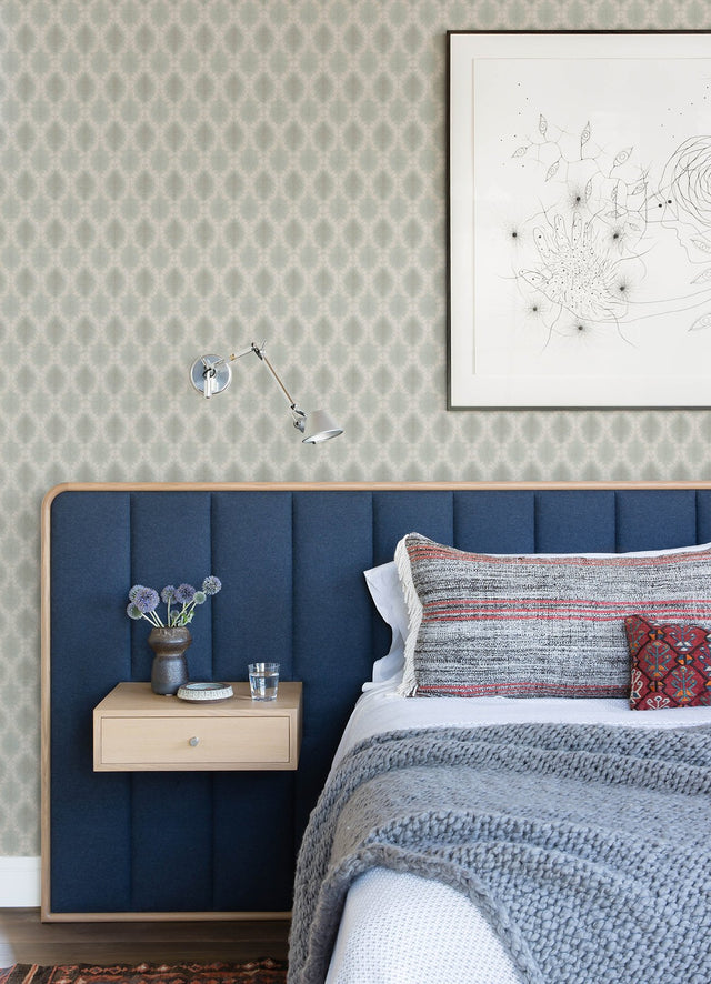 Mombi Teal Diamond Shibori Wallpaper with Geometric Shibori Ogee - Chesapeake 3122-10304