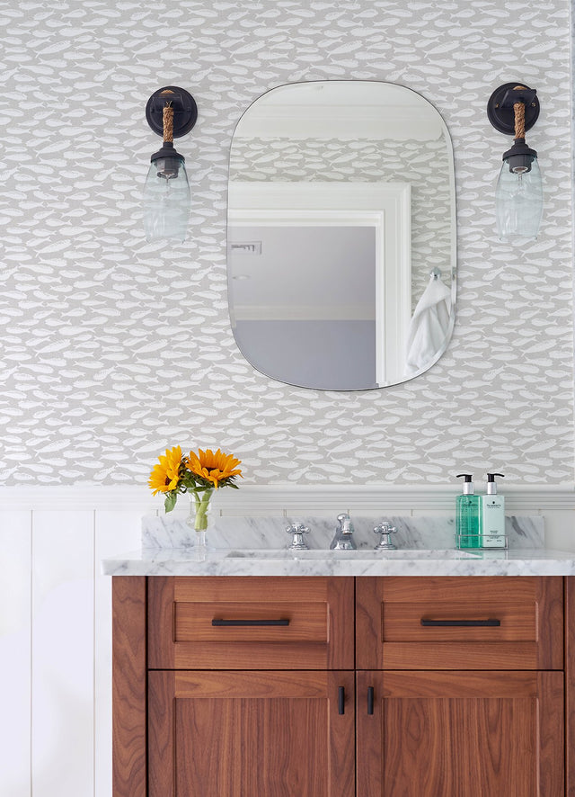 Nunkie Light Grey Sardine Wallpaper with Coastal Fish Pattern - Chesapeake 3122-10500