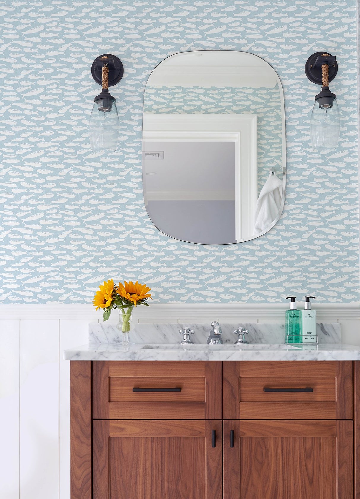 Nunkie Aqua Sardine Wallpaper with Coastal Fish Motif - Chesapeake 3122-10504