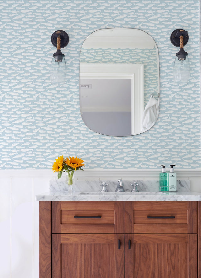 Nunkie Aqua Sardine Wallpaper with Coastal Fish Motif - Chesapeake 3122-10504