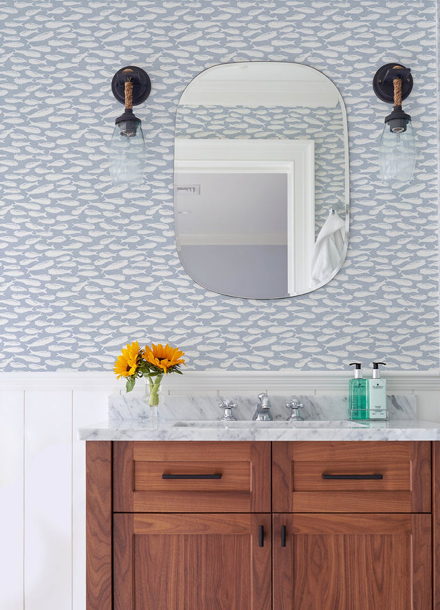 Nunkie Denim Sardine Wallpaper with Coastal Fish Motif - Chesapeake 3122-10512